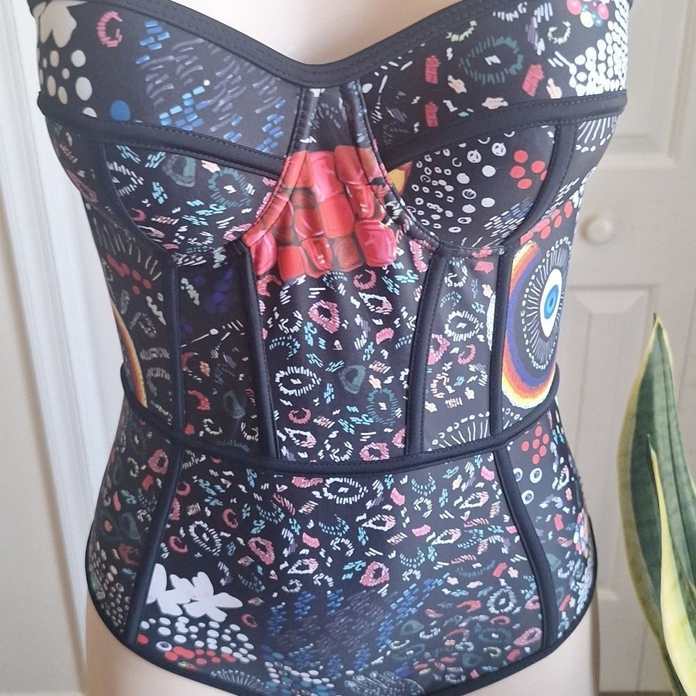 Vibrant Tropical Bustier One-Piece Swimsuit Rainbow Graphic & Black Piping Sz M - Picture 4 of 7